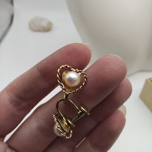 Antique screw back pearl‎ heart solid sterling covered in gold earrings fine